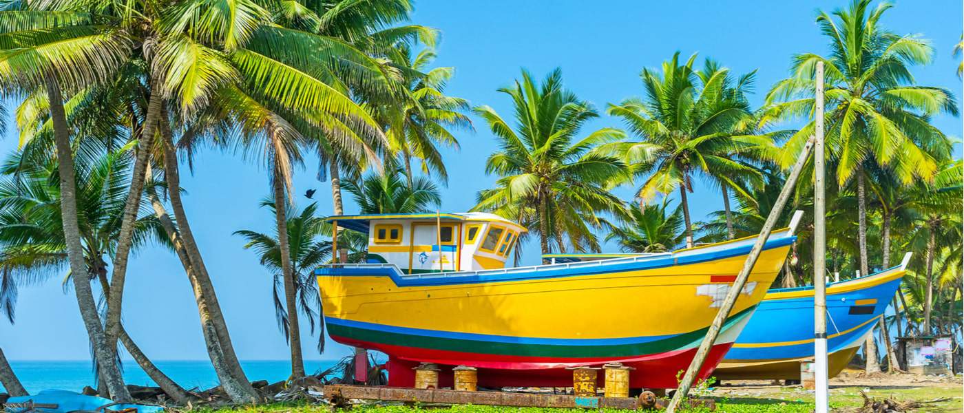 Colourful fishing boats on the beach with palm trees in Peraliya, Sri Lanka