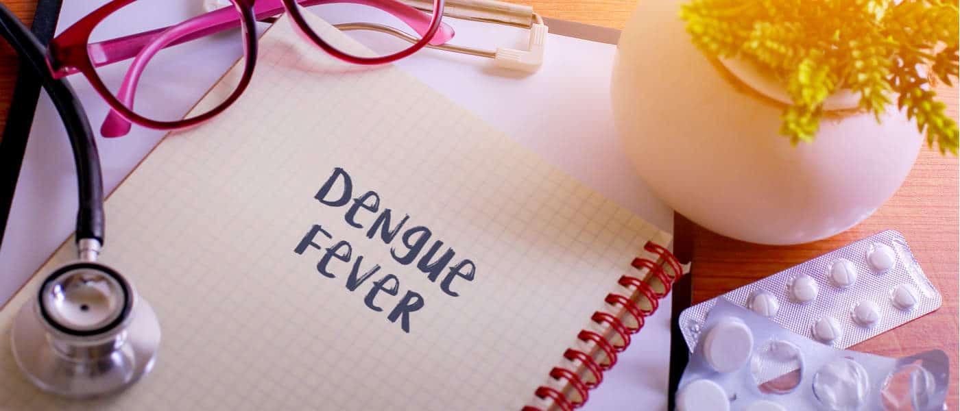 Dengue fever written on notepad surrounded by objects