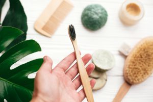 Wooden bamboo eco toothbrush and bathroom items
