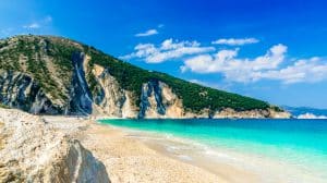 Myrtos Beach in Kefalonia, used in Captain Corelli’s Mandolin