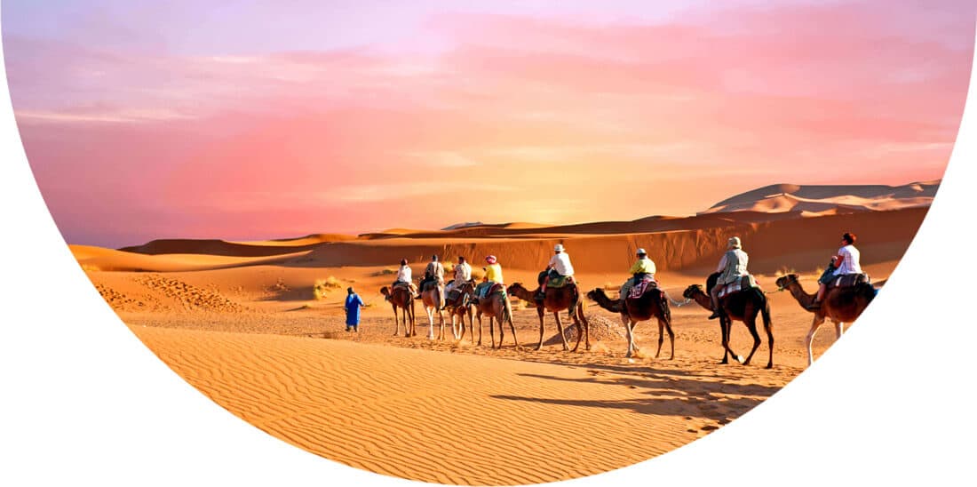 People riding camels through the desert in Morocco