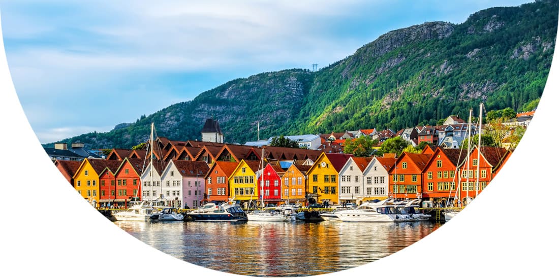 Boats and colourful houses by a lake, Bergen, Norway