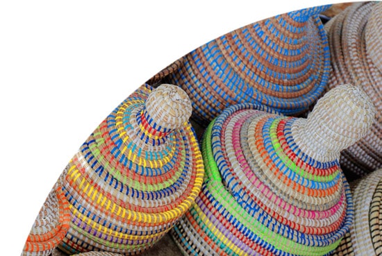 Colourful wicker baskets displayed on the way to Dakar, Senegal