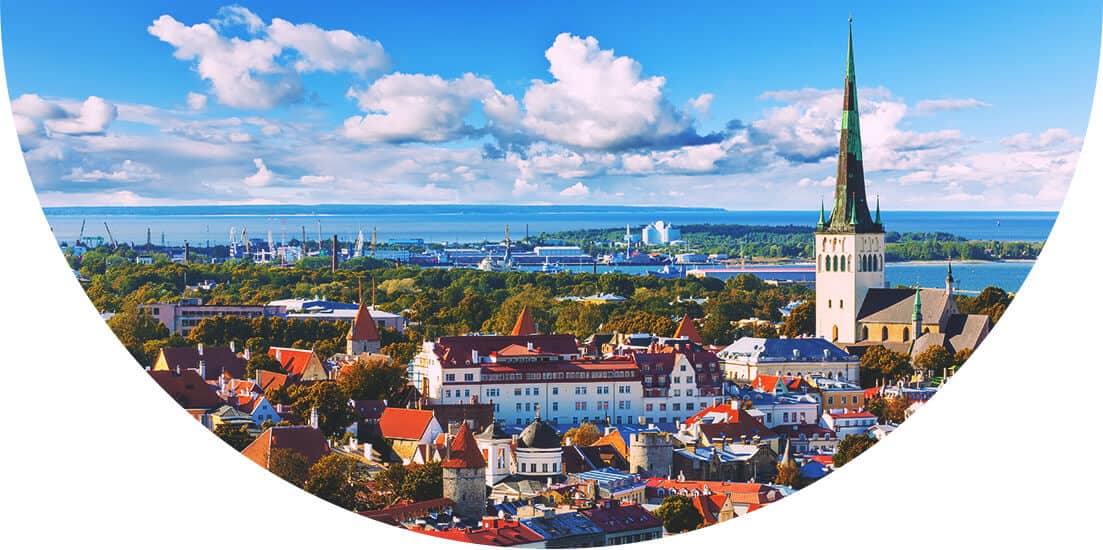 Panoramic photograph of a church and buildings in Europe