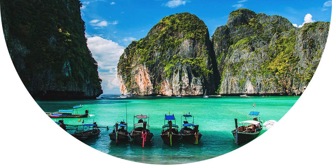 Boats in Maya Bay, Ko Phi Phi Le Island, Krabi Province of Thailand