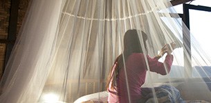 Woman on a bed under a mosquito net